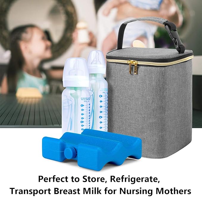 Teamoy Breastmilk Cooler Bag with Ice Pack, Baby Bottles Bag for up to 4 Large 9 Ounce Bottles and Ice Pack, Perfect for Working Mom Mother, Gray