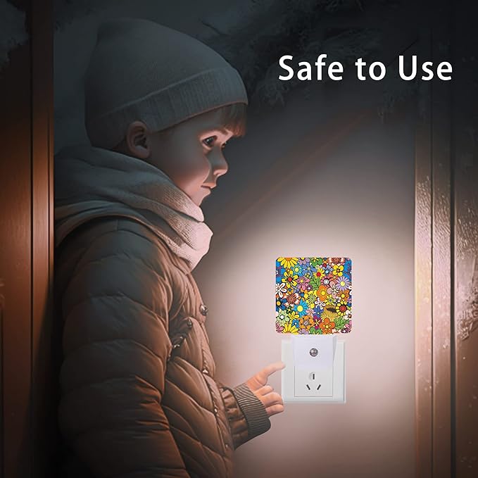 Hippies Flowers Night Light,Hippie Night Lights Plug into Wall 0.5W Sleep Friendly for Boys Girls Led Night Light Dusk to Dawn Sensor Nightlight for Stairway/Hallway/Bedroom