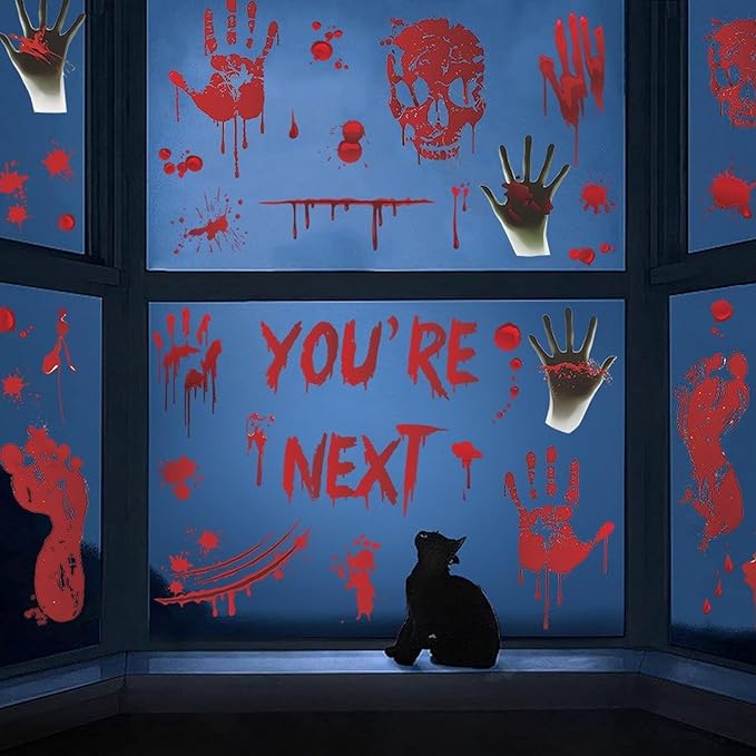 5 Sheets Halloween Window Cling Halloween Bloody Handprint Footprint Window Stickers Double-Side Blood Skull Blood Drop Window Stickers Bloody Handprint Stickers for Scary Party Decoration