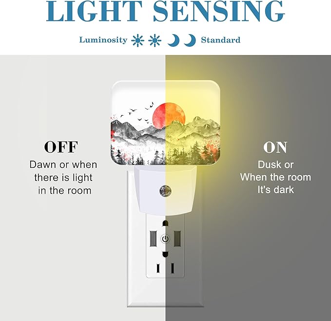 Mountains and Red Sun Night Light Ink Painting Nightlight Plug into Wall with Dusk to Dawn Sensor for Kid Girls Boys Women Men Room, Hallway, Kitchen, Bathroom, Stairs Decor