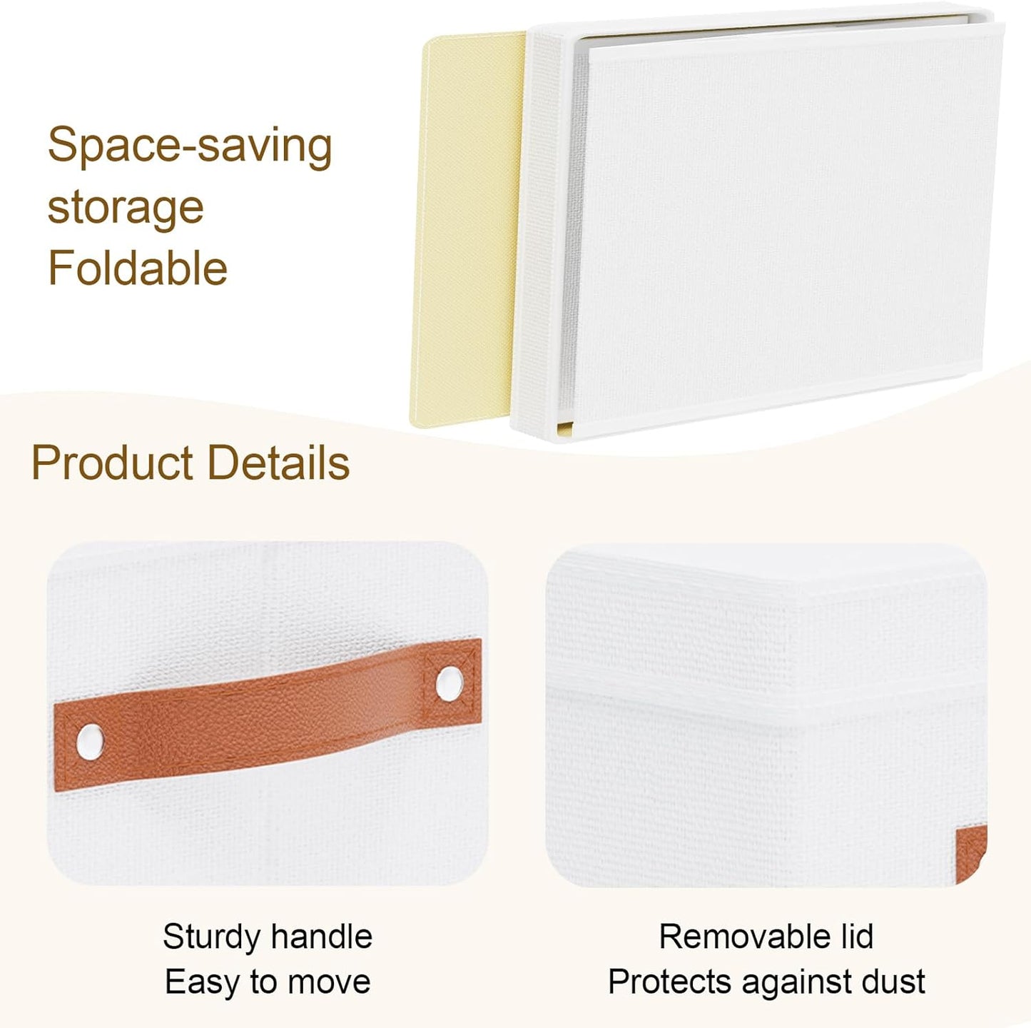 Fabric Storage Bins, Clothes Boxes for Shelves with Lids, Baskets for Organizing with Handles, Decorative Linen Closet Organizers, White, 3 Pack, 15 x 9.8 x 8.3 Inch