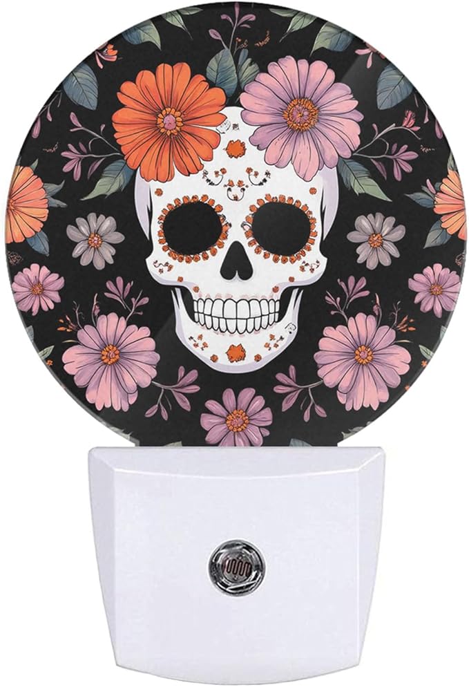 EKOBLA Floral Skull Night Lights Plug into Wall Skeleton with Flowers LED Dusk to Dawn Plug-in Nightlights Auto Sensor for Men Women Boys Girls Home Indoor Bathroom Hallway Kitchen