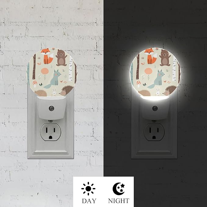 Axayaz Animal Night Light Plug Into Wall Fox Bear Bunny Elk Hedgehog Birds Mushrooms Trees Cartoon Flower Auto Sensor LED Dusk to Dawn Light for Bedroom Staircase
