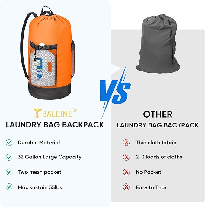 BALEINE 150L Laundry Bag Backpack, 900D Oxford Fabric Large Travel Laundry Bags with Shoulder Straps and 2 Mesh Pockets for College Dorm, Apartment, Laundromat (Orange, 150L)