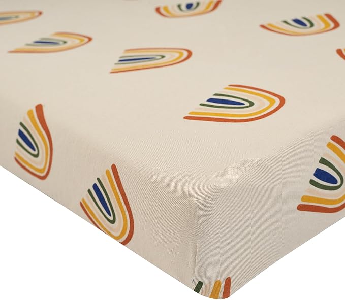 Kyte Baby Soft Crib Sheet - Standard Fitted Crib Sheet Made with Rayon from Bamboo, Ultra-Gentle and Breathable (Rust Rainbow on Oat)