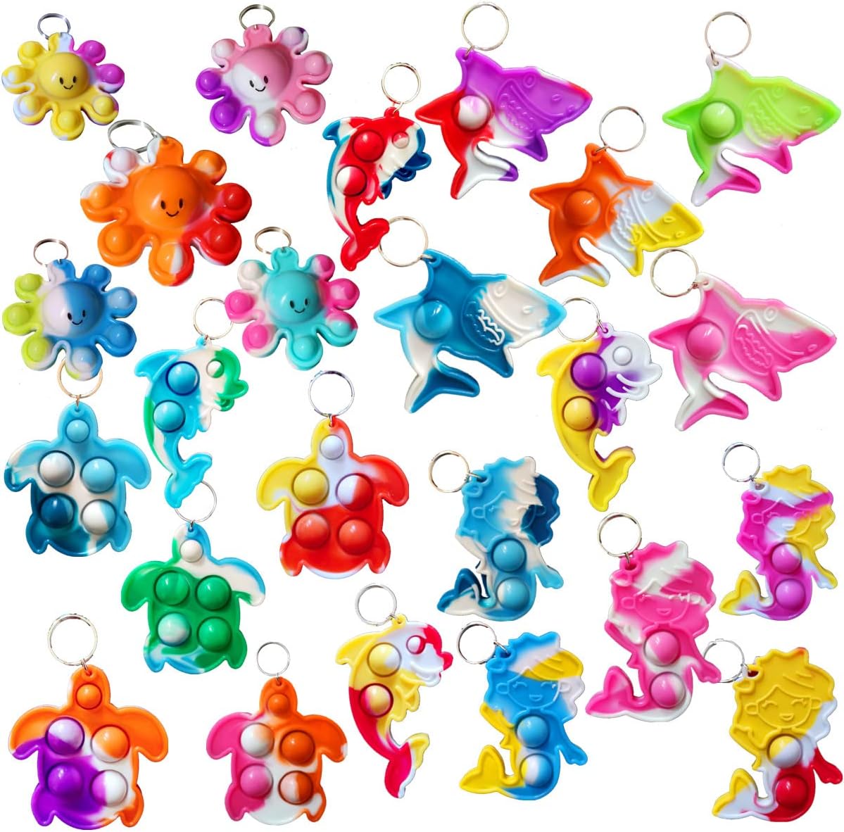 Bulk 25 Packs Ocean Animal Fidget Mini pop Keychain Rainbow Sensory Push Toy for Friend Birthday Summer Party Favors and Holiday Children Kids Students Small Prize Gift