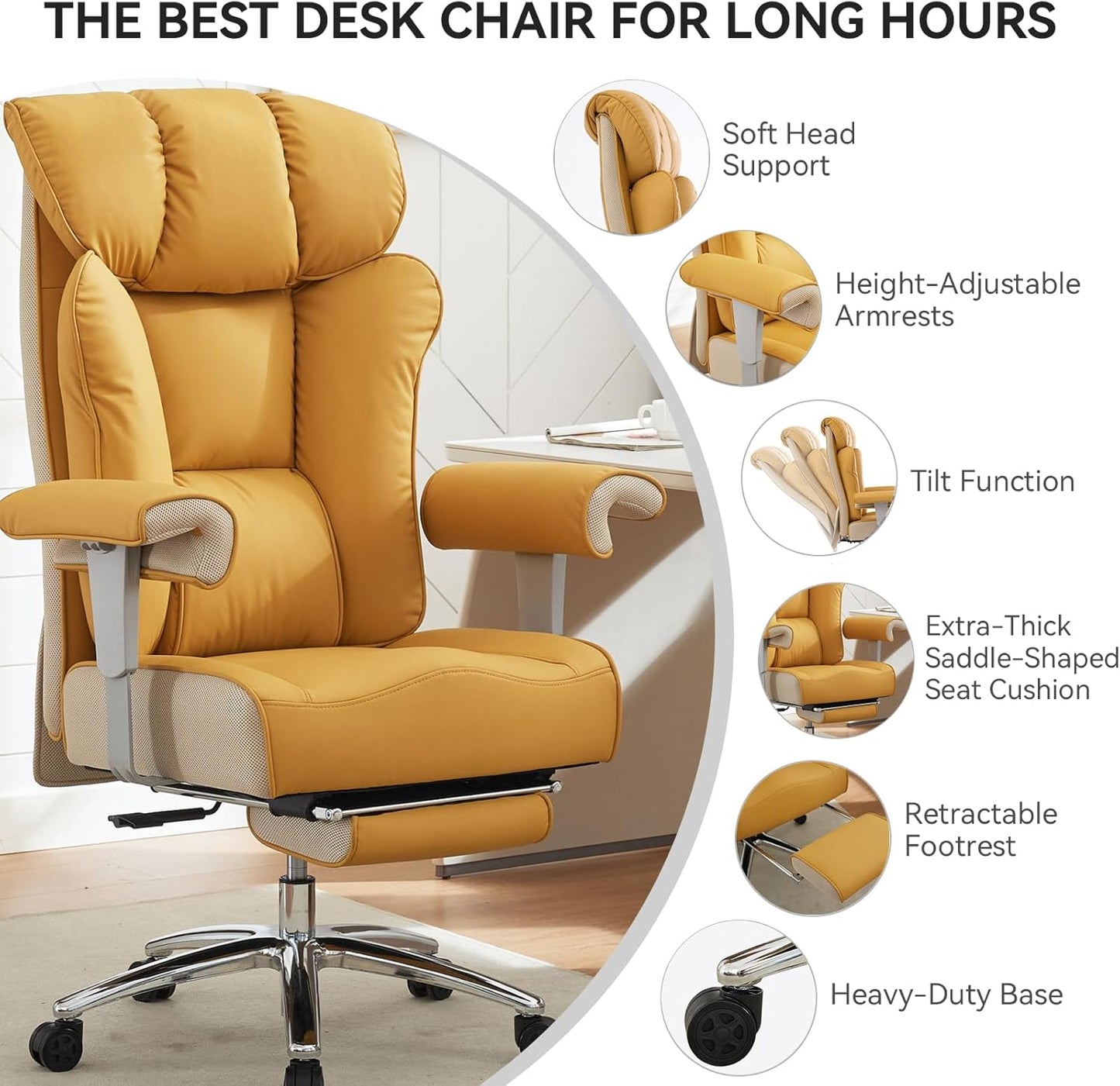 Efomao Big and Tall Green Office Chair 450LBS – Ergonomic High-Back Executive Chair with Footrest, Adjustable Padded Armrests, PU Leather Computer Chair with Lumbar Support for Home or Office, Yellow