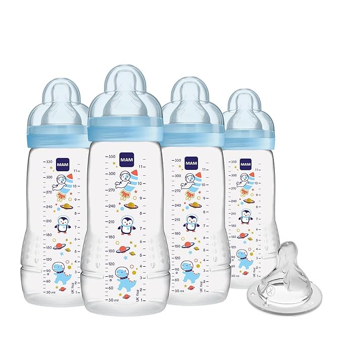 MAM Easy Active Baby Bottles 11 oz with Bonus Nipple, Fast Flow Skinsoft Silicone Nipple with Wide Neck Ergonomic Design, Easy to Hold, BPA-Free Bottles with Leak-Proof Caps for 4+ Months Baby, Boy