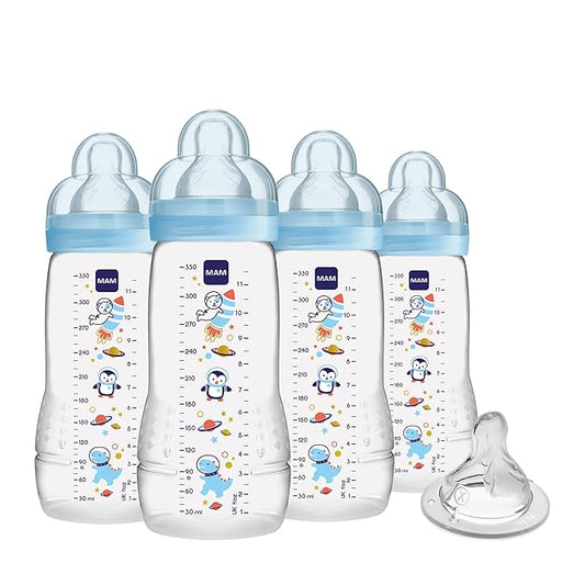 MAM Easy Active Baby Bottles 11oz with Bonus Nipple,Fast Flow Skinsoft Silicone Nipple with Wide Neck Ergonomic Design,Easy to Hold,BPA-Free Bottles Leak-Proof Caps for 4+ Months Baby(Pack of 6)