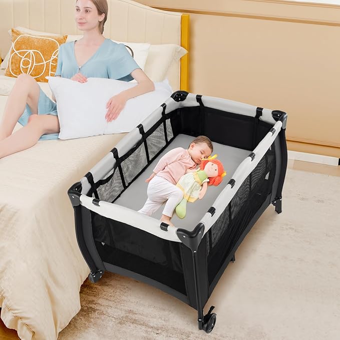 INFANS 3 in 1 Pack and Play, Portable Travel Baby Crib Bassinet with Detachable Mattress, Newborn Changing Table, Foldable Playpen with Carry Bag and 2 Wheels (Morden)