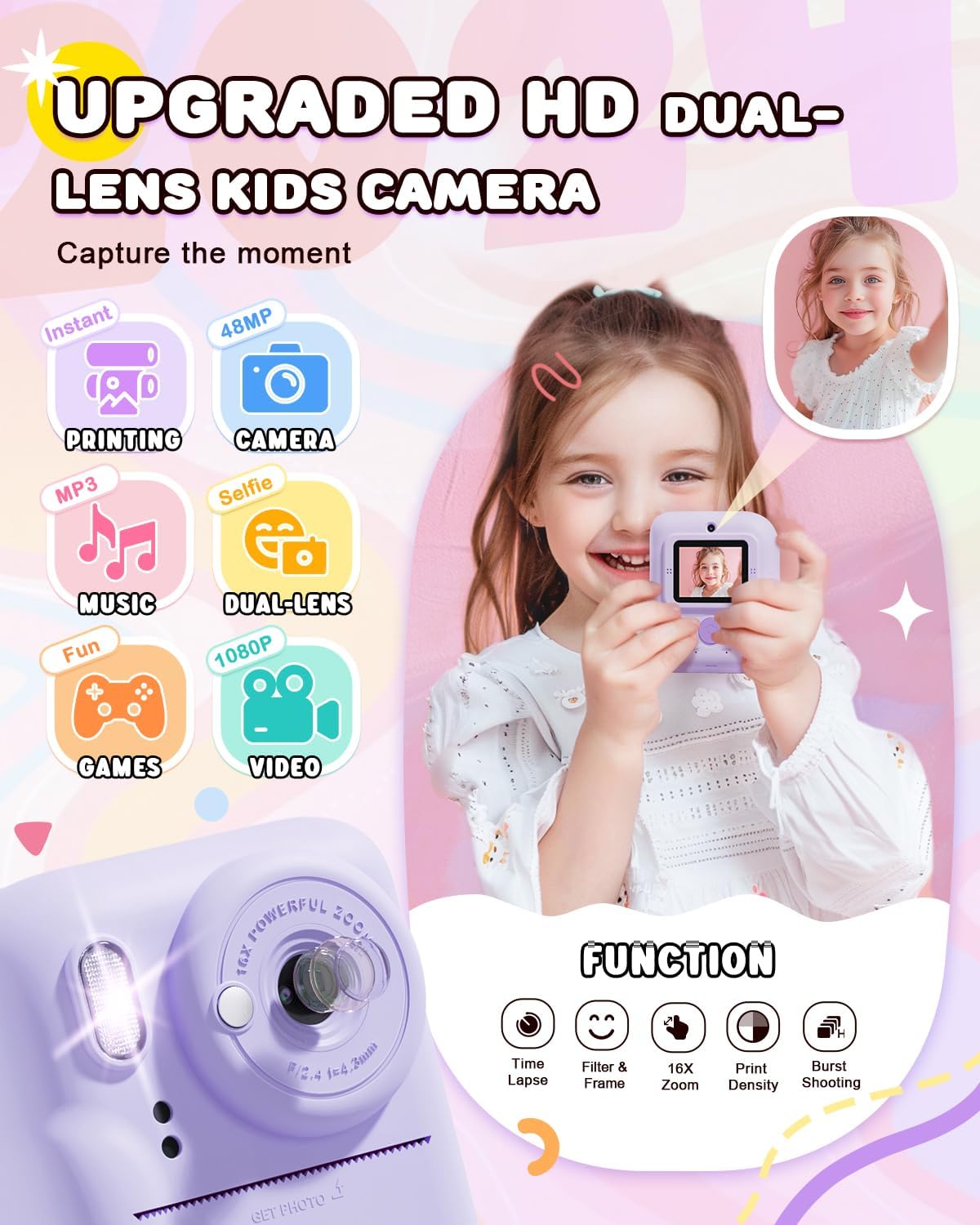 Kids Camera Instant Print, Upgrade Dual-Lens Selfie Digital Camera for Kids, Christmas Birthday Gifts Toys for Boys Girls Age 3-12, HD 1080P Toddler Portable Toy with SD Card 3 Rolls Print Paper