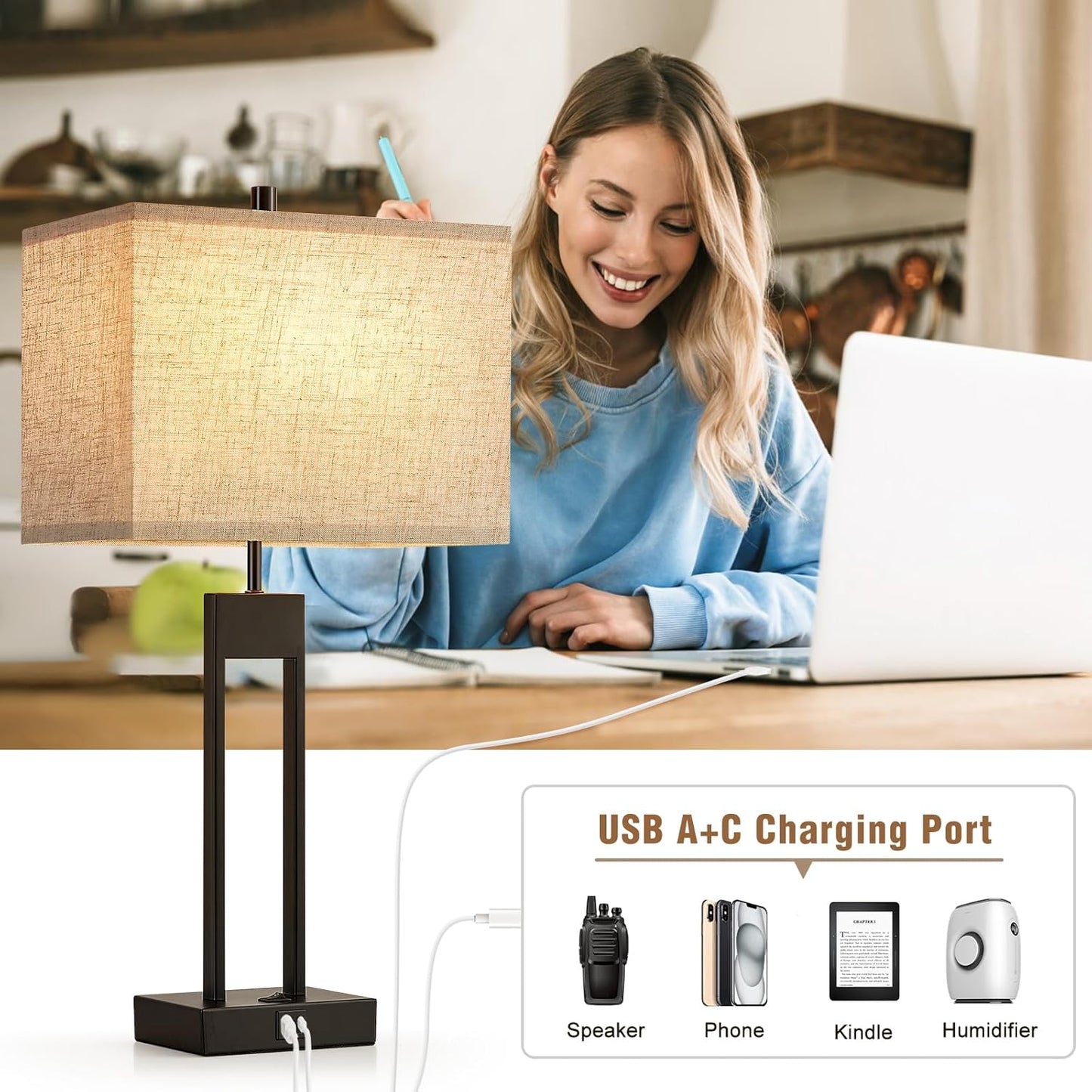 25.5’’ Nightstand Table Lamps for Bedrooms Set of 2, Bedside Lamp with USB C+A, 3 Colors Changeable Living Room Lamps for End Tables, Modern Night Stand Lamps for Bed Side Guest Room Office Reading