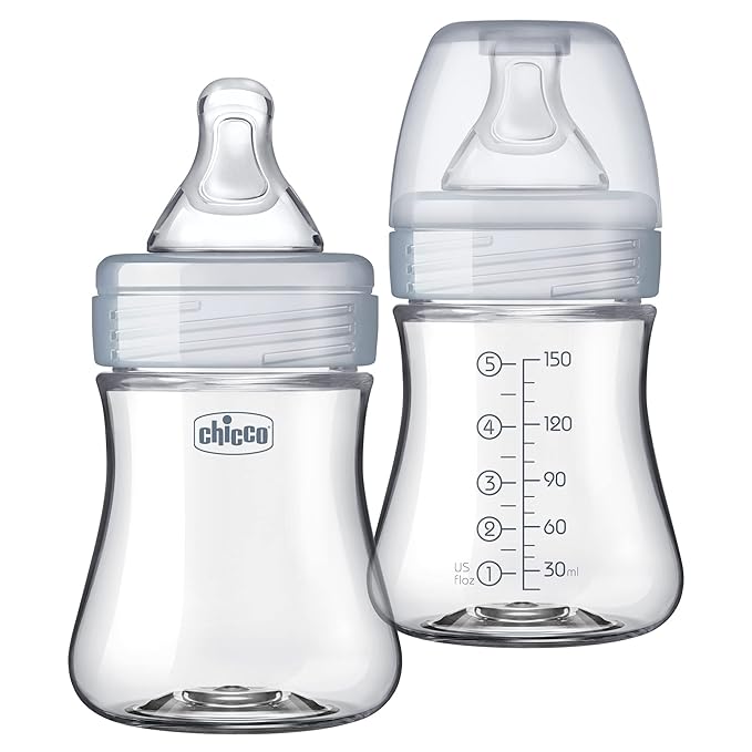Chicco Duo 5oz. Hybrid Baby Bottle with Invinci-Glass Inside and Plastic Outside | Dishwasher, Bottle Warmer, and Electric Sterilizer Safe | Intui-Latch Nipple | Clear/Grey, 2pk