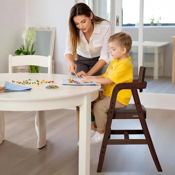 Wooden High Chair for Babies & Toddlers, Adjustable Kids Dining Chair with Removable Cushion (Walnut)