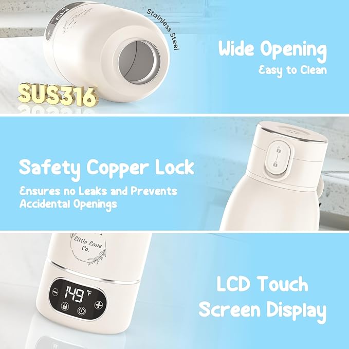 Portable Baby Bottle Warmer for Travel - 17 oz Big Capacity - Milk & Water Warmer, Ideal for Breastmilk and Baby Bottles - Accurate Temperature Control - Touch Screen Display - On-The-Go Convenience