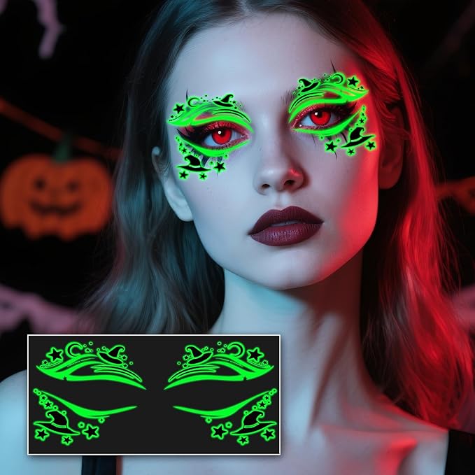 12 Pairs Halloween Glow Up Eye Shadow Temporary Tattoos Eyeliner Tattoo Stickers Spider Web Bat Pattern Eyeliner Fake Tattoos for Women Men Face Eye Makeup Halloween Decals Party Supplies