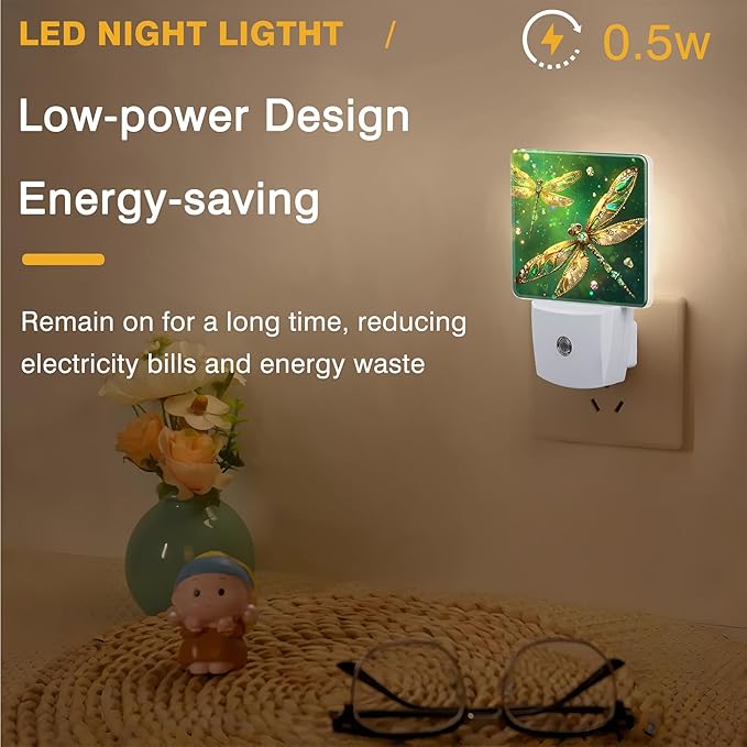 Night Light Fantasy Green Dragonfly Night Lights Plug into Wall Smart Dusk to Dawn Sensor 0.5W Energy Efficient Led Lamp for Men Women Bedroom Bathroom Hallway Stairway Decor
