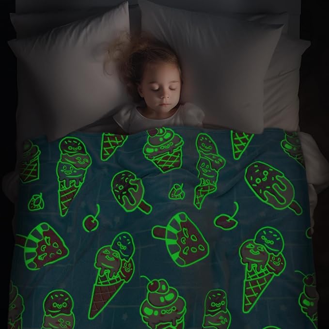 Glow in The Dark Ice Cream Blanket Blue Throw Blanket Food Blanket Unique Birthday Gifts for Girls Teens Kids Funny Blankets for Couch Sofa Bed