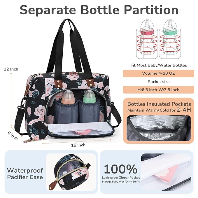 Diaper Bag Tote, Baby Bag Travel Diaper Tote Bag with Pacifier Case, Cute Maternity Hospital Baby Stylish Diaper Tote for Mom Dad Medium Size, Black Pink Floral