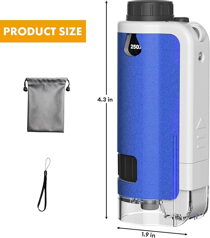 Portable Handheld Mini Microscope for Kids, 100x-250x Zoom with LED Lights, Alloy Pocket Microscope for Boys & Girls, Educational Science Kit (Blue)