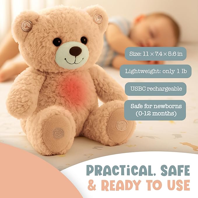 Gemma Joy Baby Sleep Soother Teddy Bear for Baby – Cry Activated Heartbeat Stuffed Animal – Rechargeable Crib Soother with White Noise, Shush, Lullabies & Night Light – Newborn Essentials Must Haves