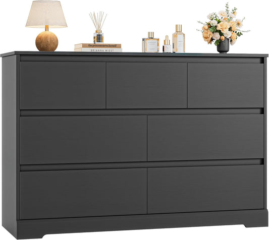 Dresser for Bedroom, Modern Black Dresser, Wood Chest of Drawers Nursery Dressers, with Storage, 7 Drawer Double with Handle Free, Large Storage Organizer for Living Room,White