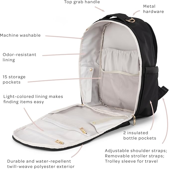 JuJuBe New Classic Diaper Bag Backpack with Portable Changing Pad, Stroller Straps, Large Travel Backpack for Boy or Girl, Carrying Baby Bottles, Wipes, Diapers, Pacifiers, Black, Mothers Day GIft