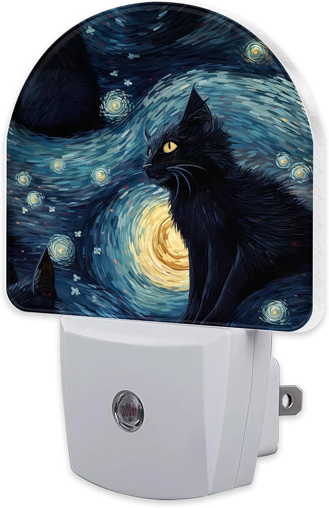 Starry Night Black Cat Night Light Plug into Wall, Abstract Oil Painting Cat Dusk to Dawn Night Light Plug in,0.5w Energy Saving Sleep Friendly Nightlight for Kids Boys Girls Home Decor