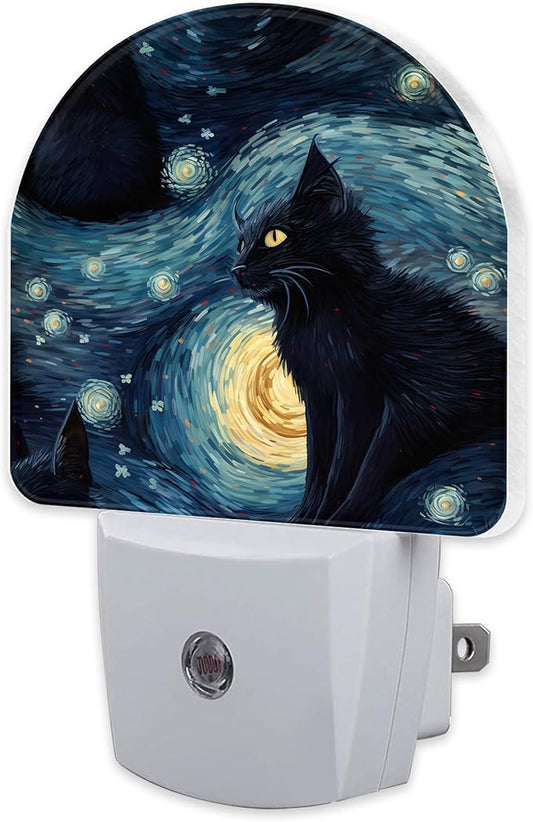 Starry Night Black Cat Night Light Plug into Wall, Abstract Oil Painting Cat Dusk to Dawn Night Light Plug in,0.5w Energy Saving Sleep Friendly Nightlight for Kids Boys Girls Home Decor