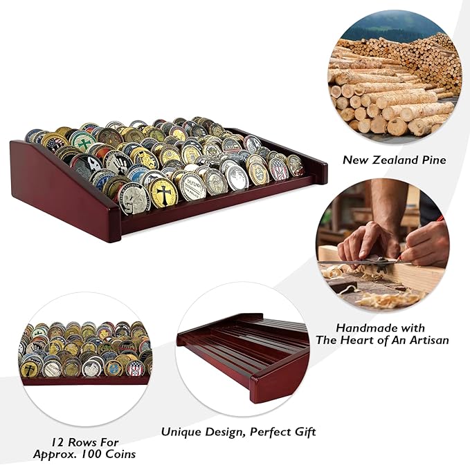 12 Rows Military Challenge Coin Holder Display Case Holds 90-100 Coins, Solid Wood Army Coin Rack Display Stand for Desktop, Mahogany