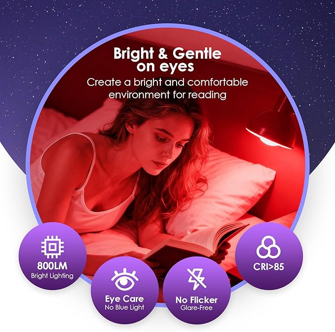 TJOY Red Light Bulbs for Sleep Dimmable, 642nm Red Led Bulb for Melatonin Promoting, 100% Blue Light Blocking, A19 60W Equivalent, 9W E26 Dim Night Light for Bedroom Baby Nursery, 2 Pack