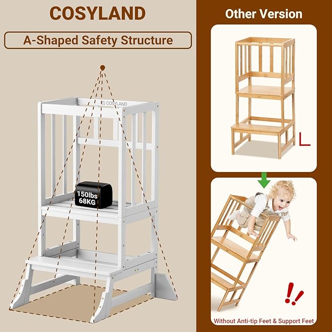 COSYLAND Height Adjustable Kitchen Stool for Toddlers – Portable Toddler Standing Tower for Learning and Cooking – Stable Kids Helper Tower with Stability Block for Kitchen Counter (White)