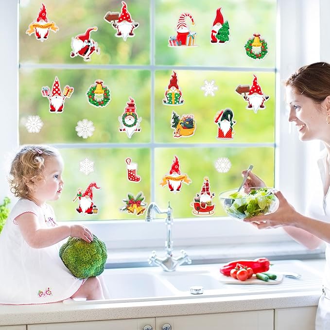 20 Pieces Christmas Thick Gel Clings Christmas Gnome Window Gel Clings Decals Stickers for Toddlers Kids Adults Home Airplane Classroom Nursery Christmas Party Supplies Decoration Removable and