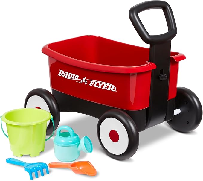 Baby Walker Wagon, Baby Toy Cart, Wagon for Kids, Toddler Toys, Radio Flyer Push & Pull Walker with Garden Tools, Red, for Ages 1-4 Years