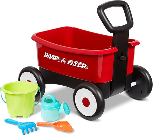 Baby Walker Wagon, Baby Toy Cart, Wagon for Kids, Toddler Toys, Radio Flyer Push & Pull Walker with Garden Tools, Red, for Ages 1-4 Years