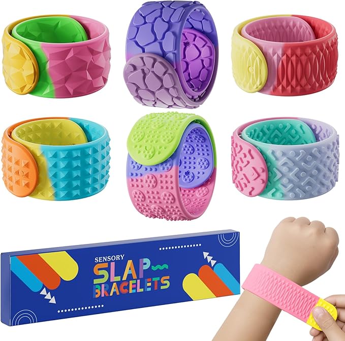 Textured Silicone Slap Bracelets Fidget Toys for Kids Adults, 6PCS Sensory Snap Bracelets for Stress Anxiety Autistic ADHD, Calm Down Classroom Travel Essentials Toys, Stuffers Gifts for Boys Girls