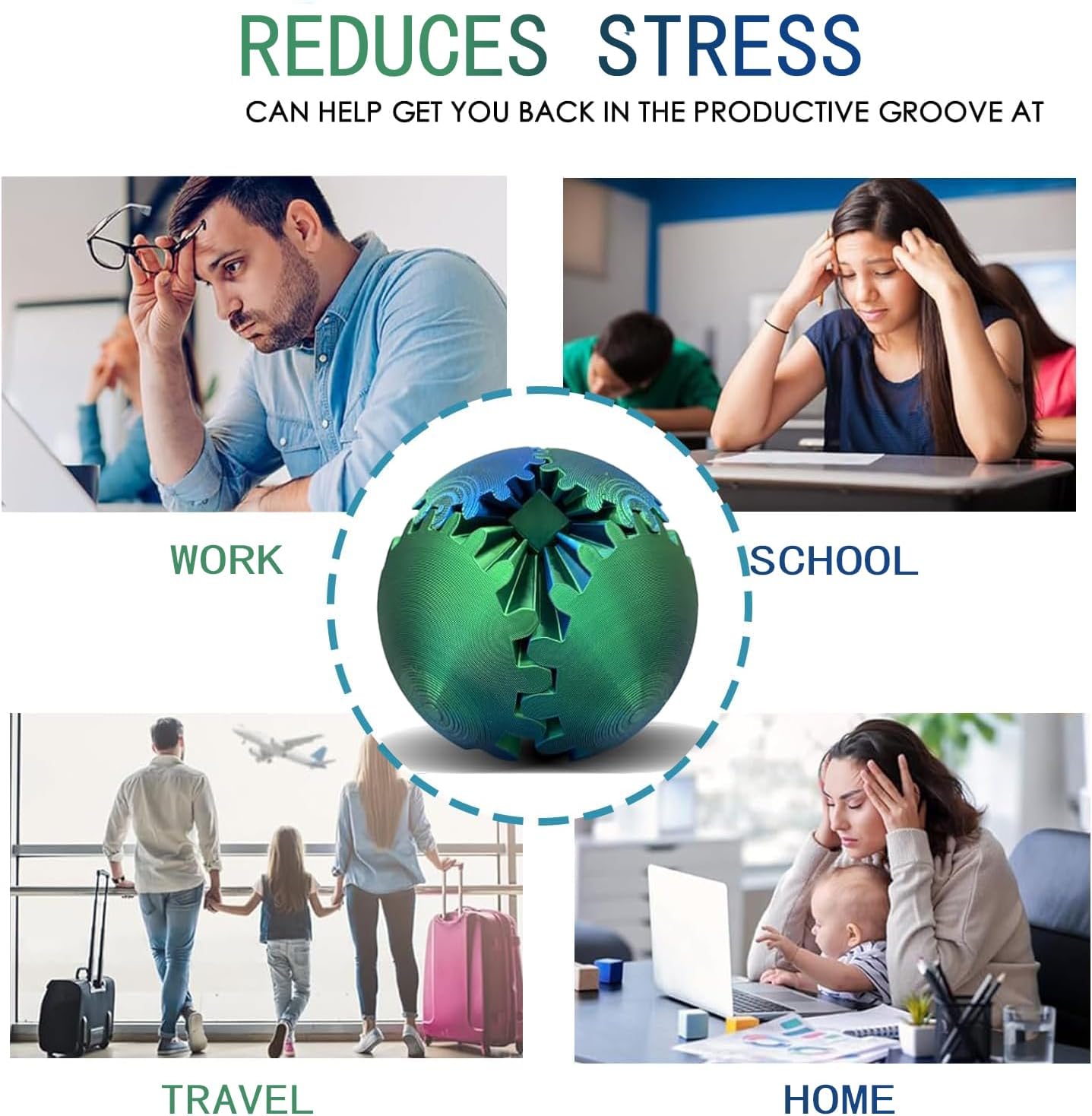 Gear Ball,Gear Sphere,3D Printed Gear Ball Gear Ball for Stress and Anxiety Relaxing Fidget Ball,3D Printed Work Fidget Toy,Activity Gear Ball for Adults & Kids (Green+Blue)