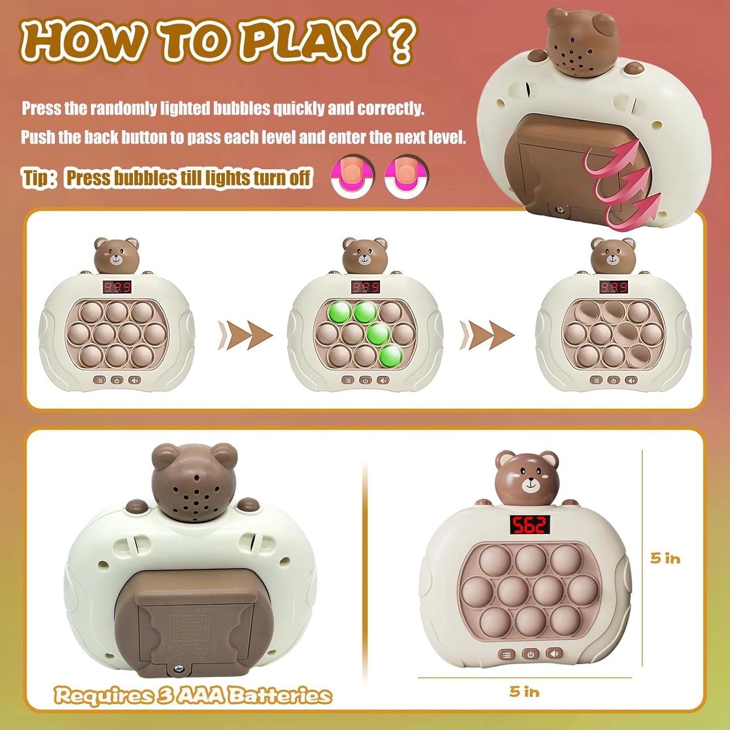 Fast Push Game Handheld Game for Kids 6-12, Sensory Fidget Toys for Kids 8-12, Birthday Gifts for 6 7 8 9 Year Old Boys & Girls & Teens (Bear)