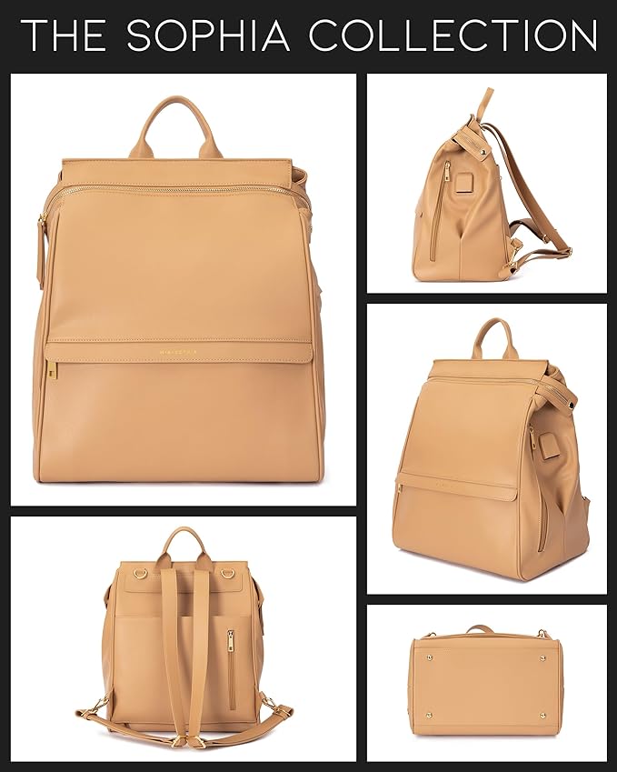 MIA + SOPHIA Leather Diaper Bag Backpack with USB Charging Port, Changing Pad, Stroller Straps, Bottle Holder (Brown Sophia)