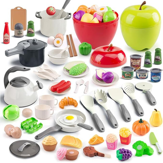 100Pcs Kitchen Playset, Kids Pretend Cooking Play Pots, Pans, Utensils, Cookware, Toy Food Fruits Veggies, with 2 Large Apple - Shaped Storage, Toddler Cooking Learning Gift (White)