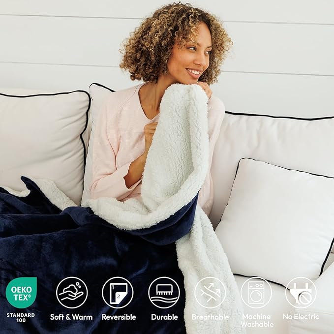 NANPIPER Sherpa Blanket Twin Size for Couch, Warm and Lightweight Throw, Soft Fuzzy Plush Fleece for Winter, Estate Blue 60x80 Inches