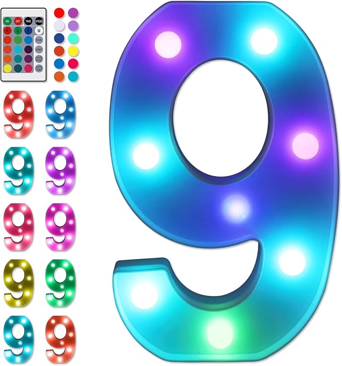 Foaky Colorful LED Number Lights with Remote, Marquee Light Up Number Sign for Night Light Wedding/Birthday Party Battery Powered Christmas Lamp Home Bar Decoration (9)