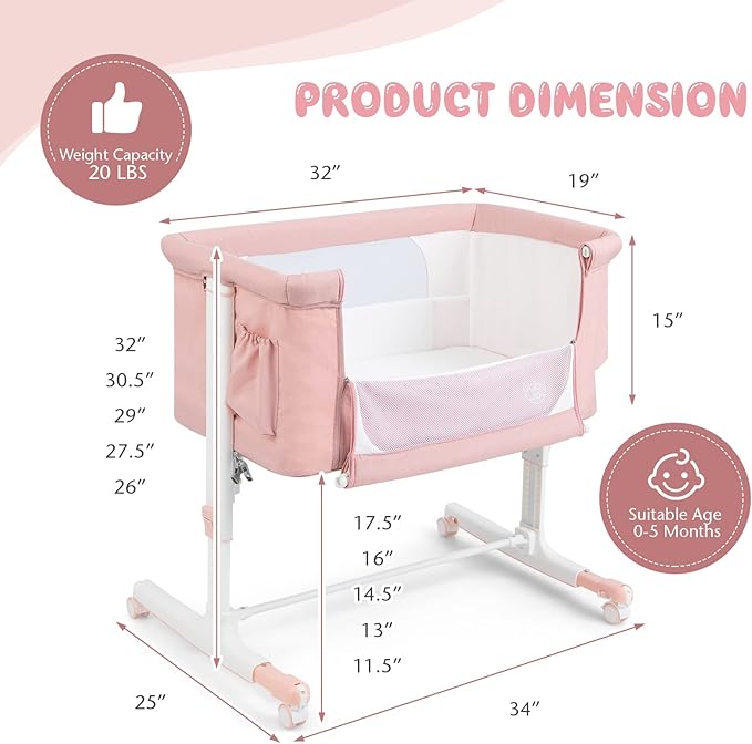BABY JOY Bassinet Bedside Sleeper, 3 in 1 Folding Crib w/Adjustable Height, Mattress, Lockable Wheels, Storage Pocket & Carry Bag for Infant Newborn, Stationary & Rock, Portable Baby Bassinet (Pink)