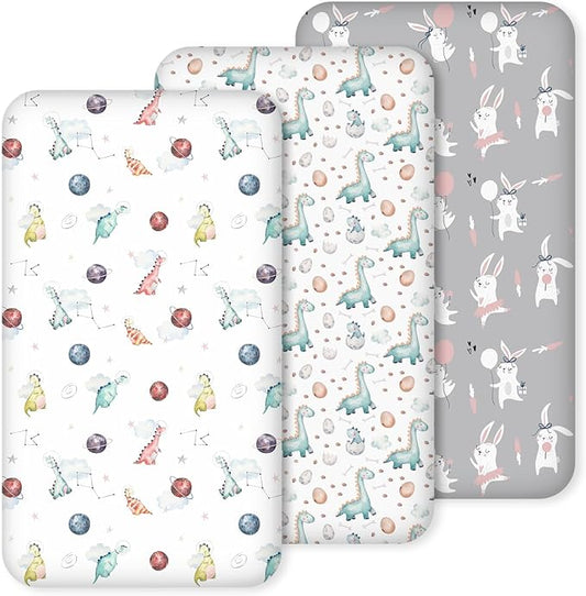 Nap Mat Sheet 47"x24", 3 Pack Dinosaur Baby Crib Sheets Fitted Elastic Corners, Preschool Day Care Rest Mat Cover, Soft Breathable - Compatible with Regalo My Cot, Joovy Travel Cot