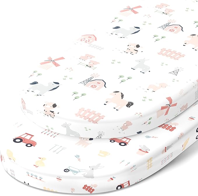 Bassinet Fitted Sheets for Chicco LullaGo Anywhere, Baby Bjorn Cradle and 14 x 29 Mattress Pad – Snuggly Soft 100% Jersey Cotton – Farm Animals – 2 Pack