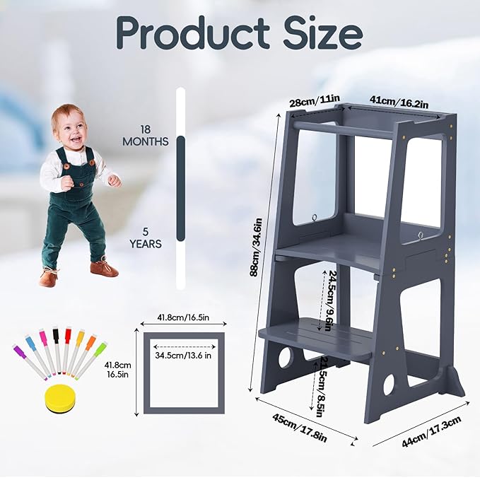 4 in 1 Toddler Step Stool Tower, Foldable Learning Standing Tower with Whiteboard 2 in 1 Convertible Table and Chair, Removable Safety Rail, Widened Platforms for Kitchen Counter Bathroom Sink