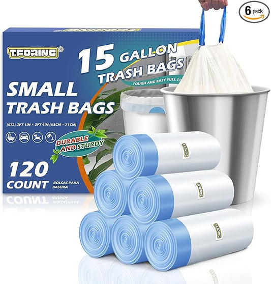 15 Gallon Trash Bags with Drawstring - 120 Count Heavy Duty 1.25 Mil Garbage Bags 56 Liter Tall Kitchen Bin Liners Unscented White for Home Yard Lawn