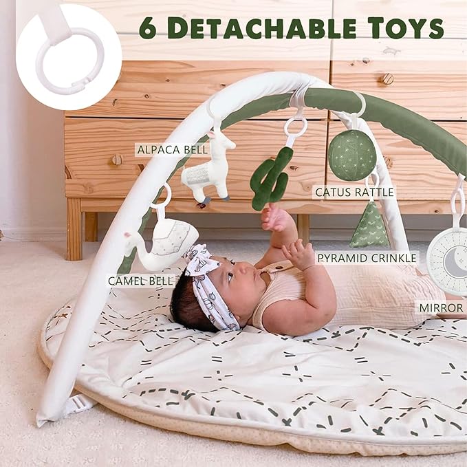 Little Dove Tummy Time Mat with 6 Toys, Macrame Baby Play Mat for Newborn, Baby Gym with 12 Milestone Cards, Stage-Based Sensory and Motor Skill Development Baby Play Gym, Non Slip Mat Washable, Green