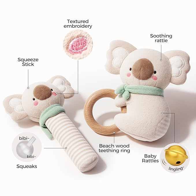 Evoceler 2 PCS Koala Rattles & Shaker Toys with Embroidered Details, Wooden Teething Ring Baby Toys, BPA-Free Sensory Toys for 0-3-6-12 Months, Squeaky Infant Toy, Ideal Baby Shower Boy Girl Gift