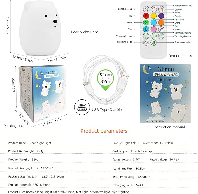 Large Bear Night Light for Kids, Silicone nightlights Bedside Table Lamps Baby Bedroom Lighting Nursery Children's Bed Lights - Eye Caring, Adjustable Brightness & Color, Time Setting - Large